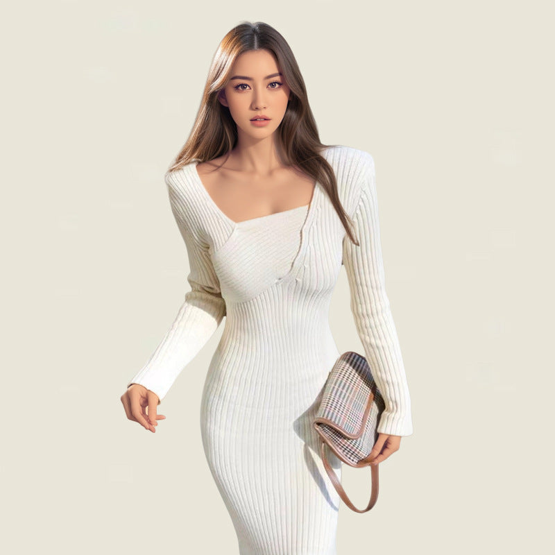 Lune London long sleeve knitted dress for women with asymmetric neckline