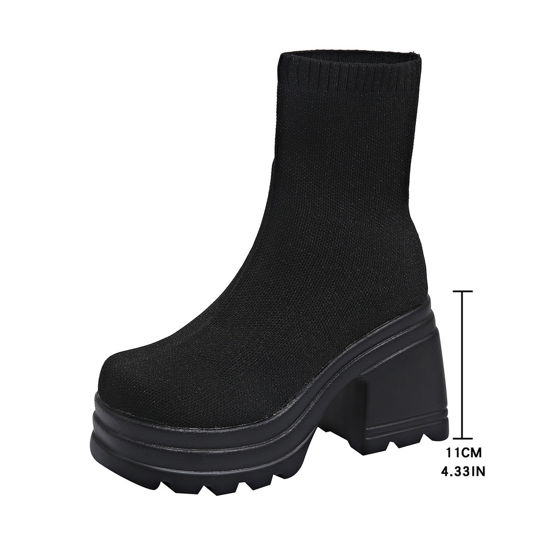 Chunky high heel boots for women with flexible knit design Lune London
