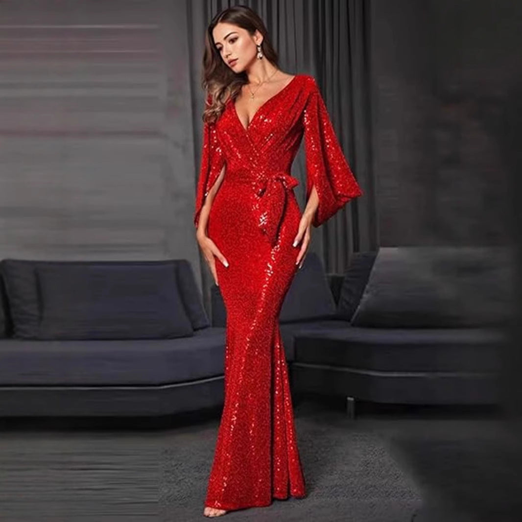 Women's Glamorous Sequin Evening Dress with Deep V-Neck and Flowing Skirt Lune London