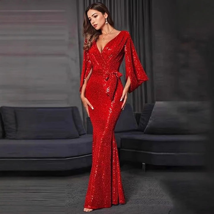 Women's Glamorous Sequin Evening Dress with Deep V-Neck and Flowing Skirt Lune London