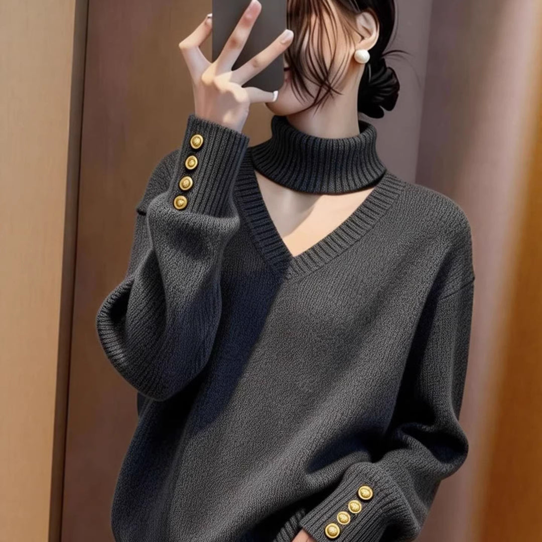 Pull en cachemire de luxe pour femmes avec col roulé et détails de boutons Chic & Stil