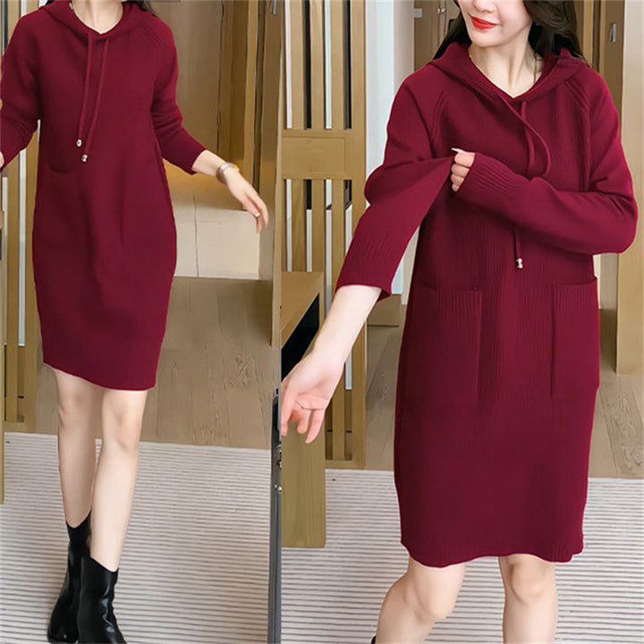 Knitted dress for women with hood and practical pockets Lune London