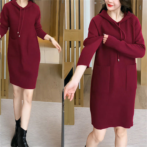 Knitted dress for women with hood and practical pockets Lune London