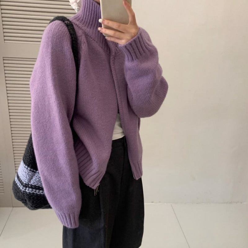 Cardigan pour femmes en tricot épais avec col montant et fermeture éclair pratique Chic & Stil