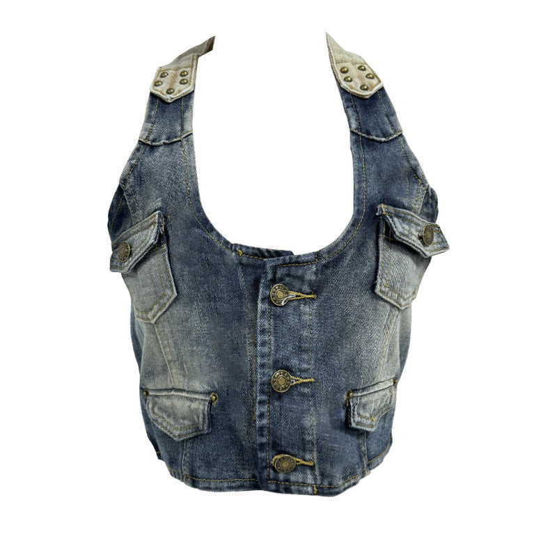 Women's denim crop top with decorative button details and deep V-neckline Lune London