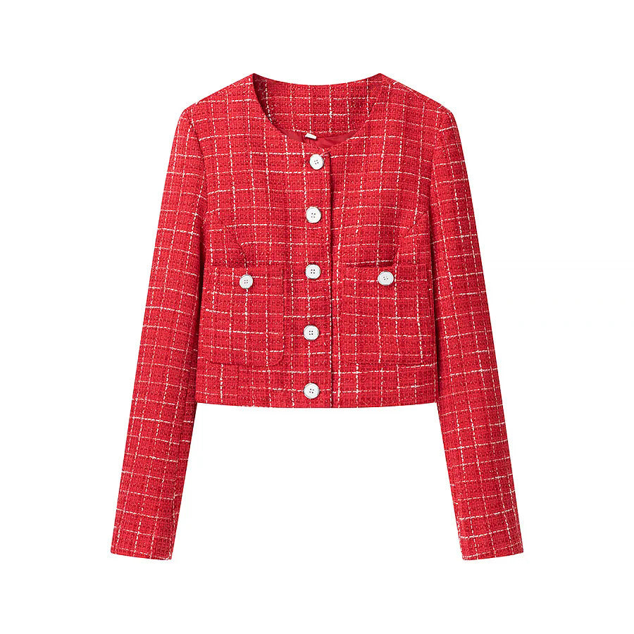 Short women's jacket with classic check pattern and decorative buttons Lune London