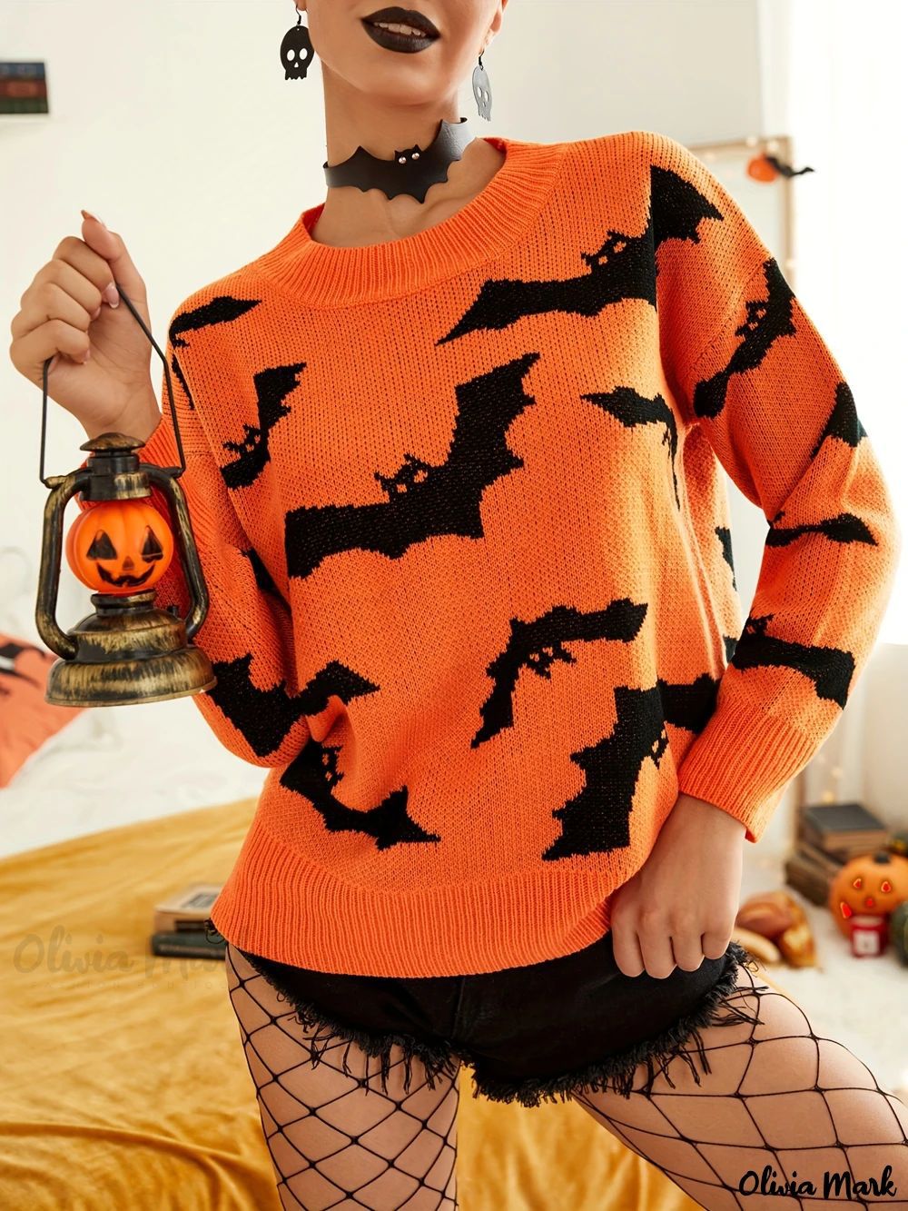 Pull Halloween pour femmes avec motif de chauve-souris amusant Chic & Stil