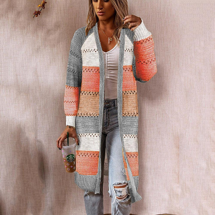 Retro patchwork style women's knitted jacket with long sleeves and a front opening Lune London