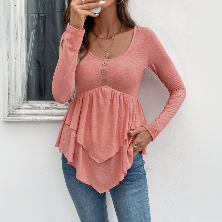 Chemisier à manches longues pour femmes avec détails volants et patte de boutonnage Chic & Stil