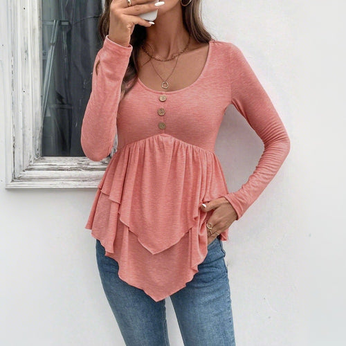 Chemisier à manches longues pour femmes avec détails volants et patte de boutonnage Chic & Stil