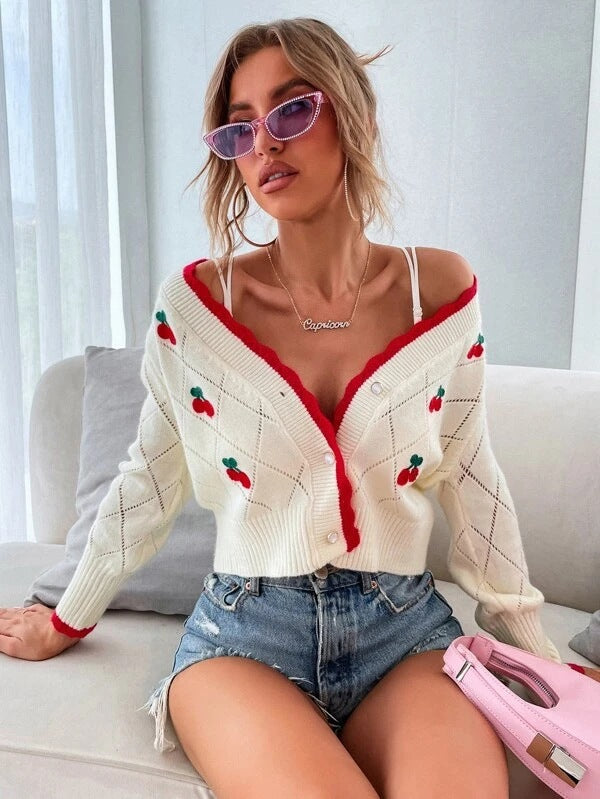 Ladies thick knitted cardigan with decorative cherry pattern Lune London