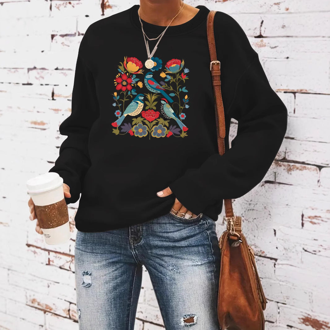 Sweatshirt pour femme avec motif floral d'oiseau et coupe décontractée Chic & Stil