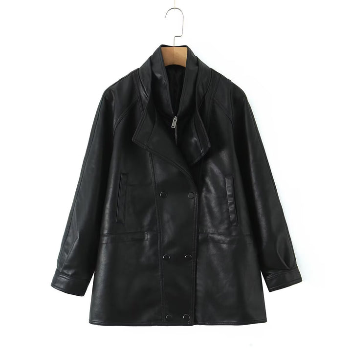 Faux leather jacket for women with large lapels and practical pockets Lune London
