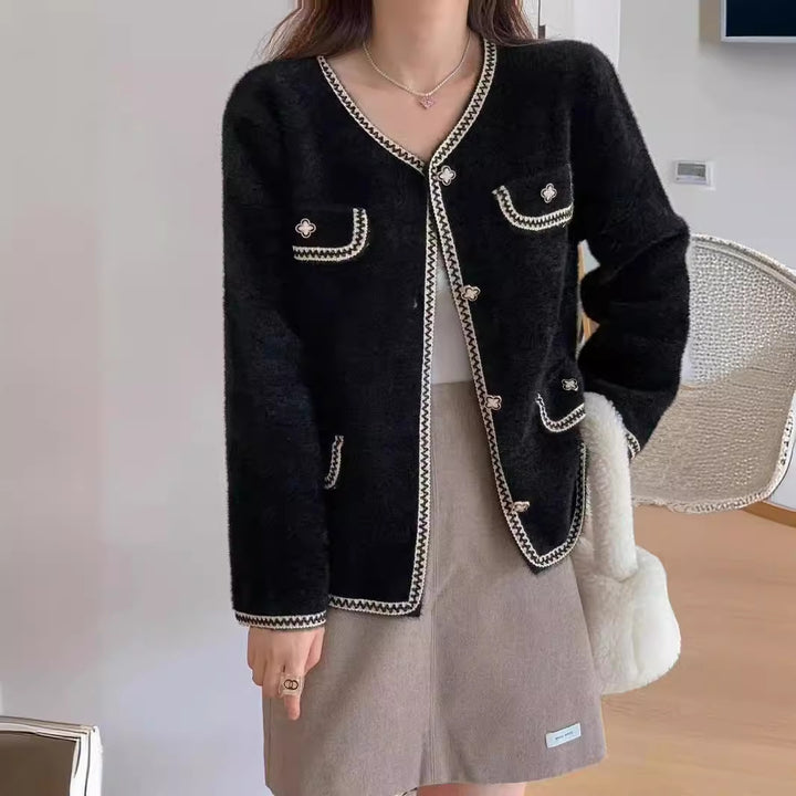 Ladies elegant knitted jacket with contrasting seams and pockets Lune London