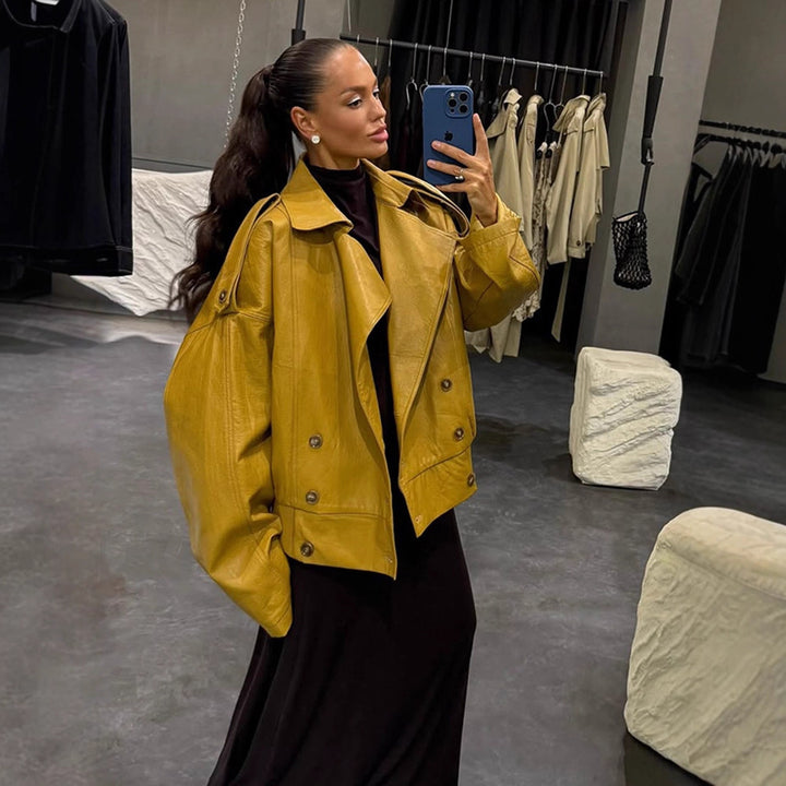 Oversized faux leather jacket for women with double-breasted buttons and trendy cut Lune London