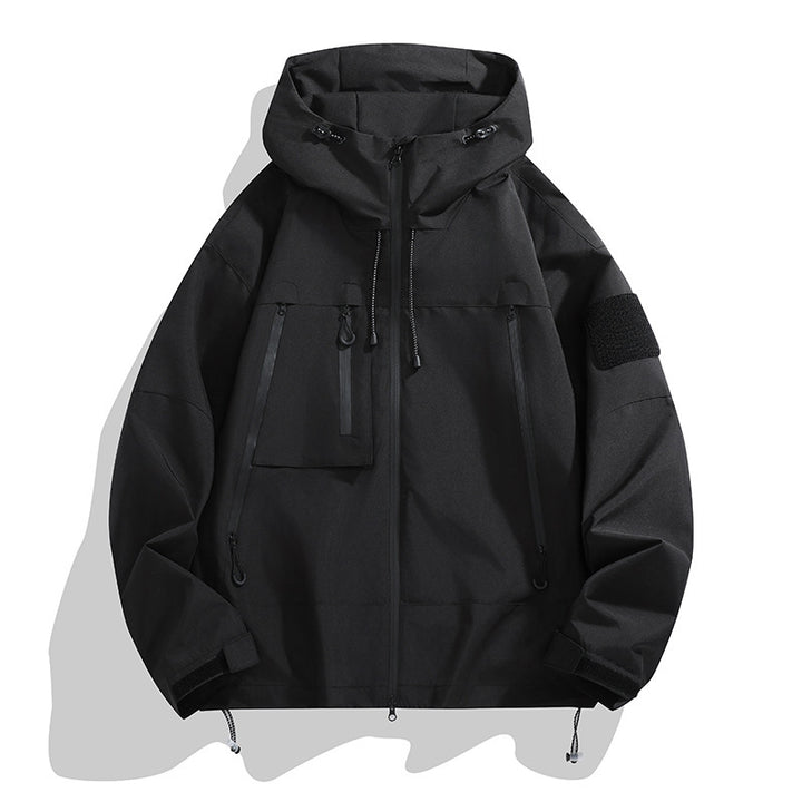 Technical outer jacket for men with adjustable hood design and multifunctional pockets Lune London