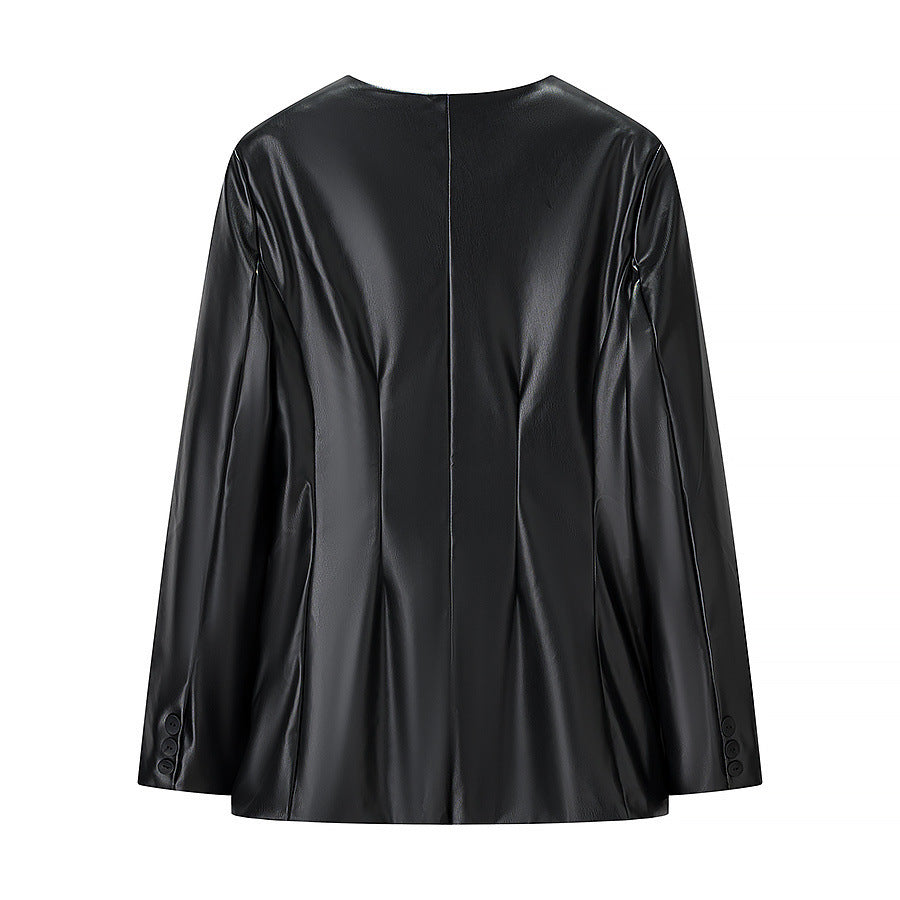 Veste blazer élégante pour femmes en faux cuir avec coupe moderne et poches Chic & Stil