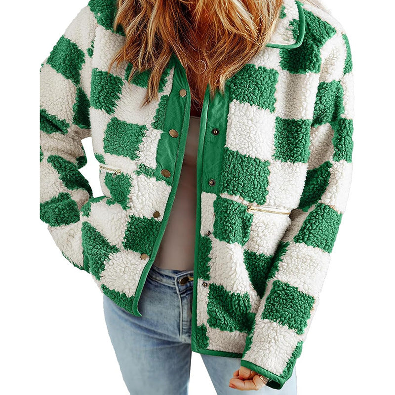 Ladies Cozy Wool Jacket with Modern Square Patterns Lune London