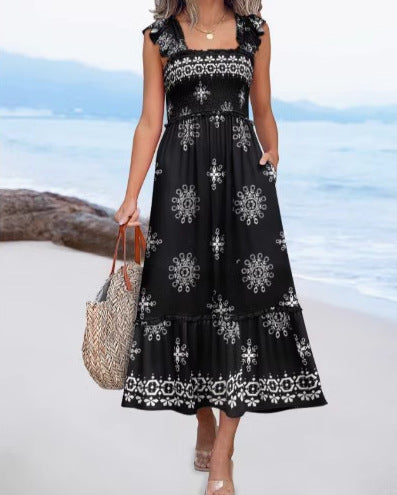 Maxi tiered dress for women with adjustable straps and pockets Lune London