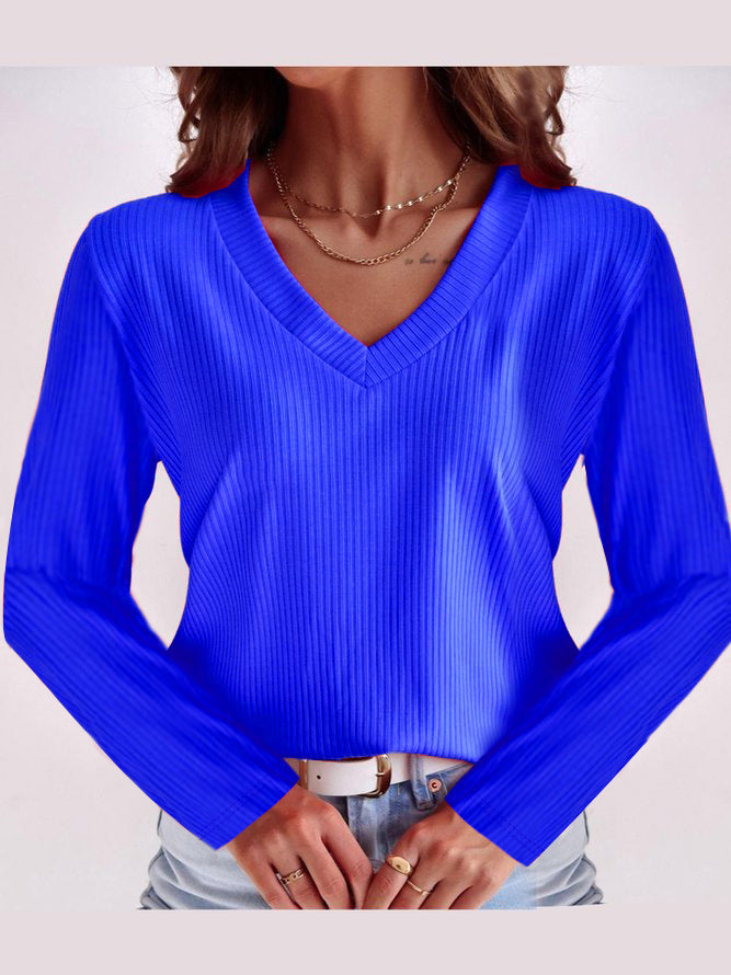 Women Long Sleeve V-Neck Top with Ribbed Structure Lune London
