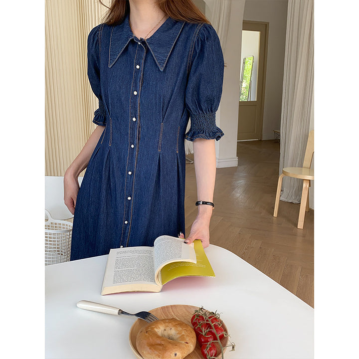 Women's denim midi dress with voluminous sleeves and button details Chic & Stil