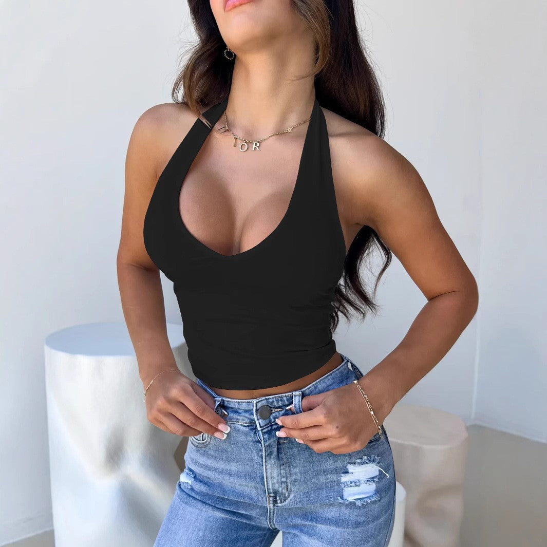 Women's crop top with deep V-neck and modern halter design Lune London