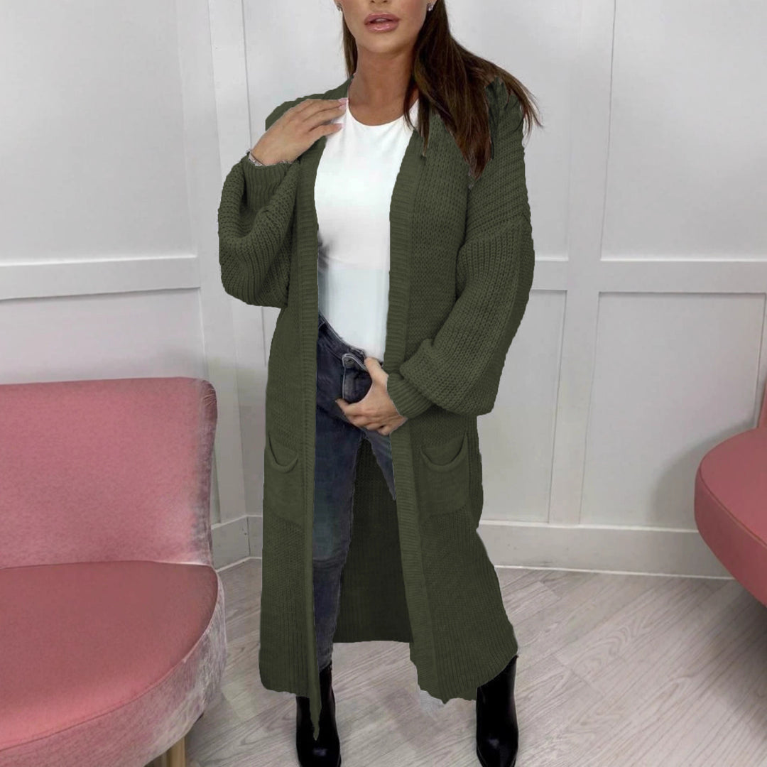 Ladies Long knitted cardigan with a textured knit look and practical pockets Lune London