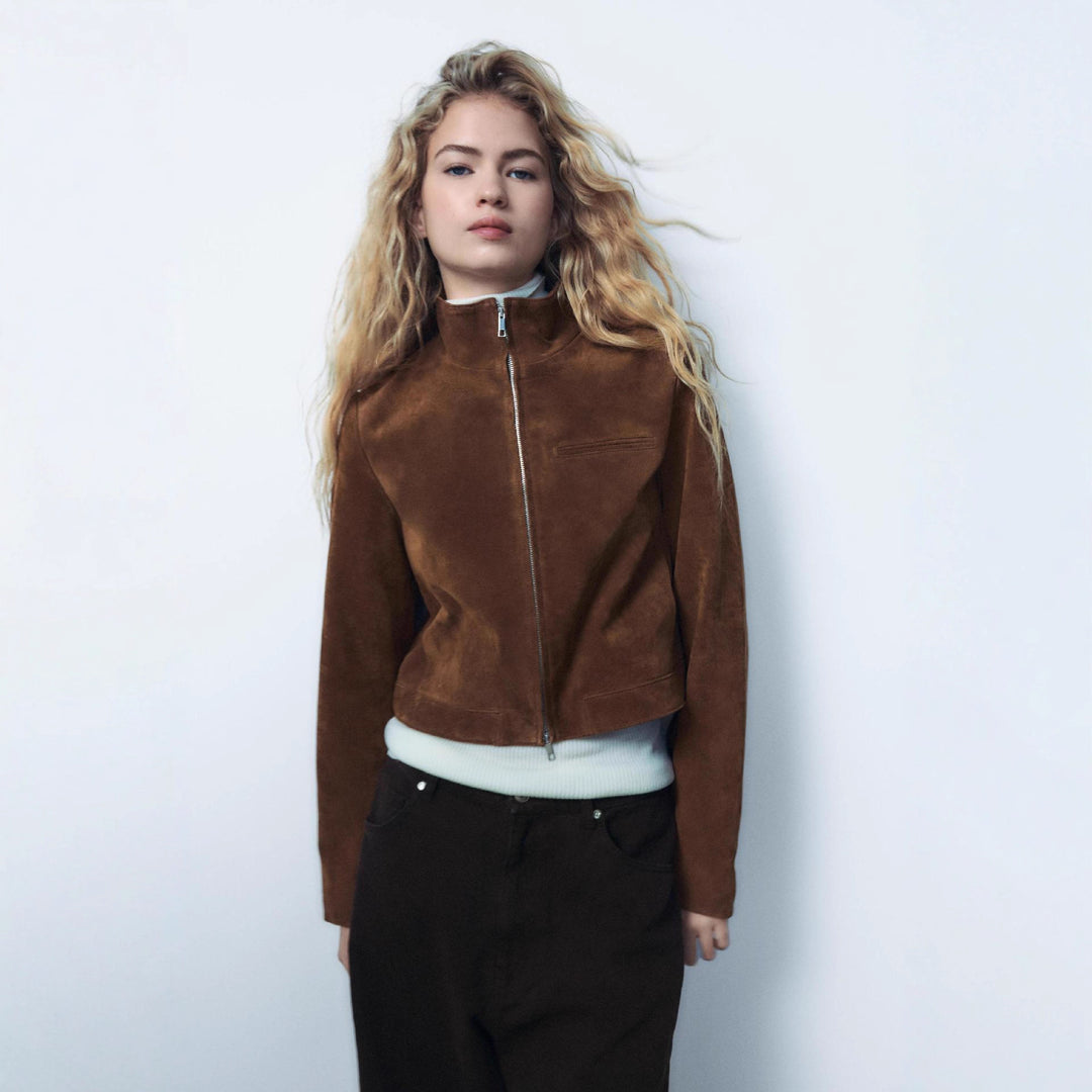 Women's suede jacket with modern high collar Lune London