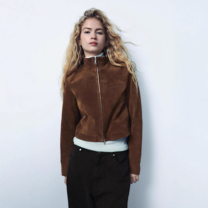 Women's suede jacket with modern high collar Lune London
