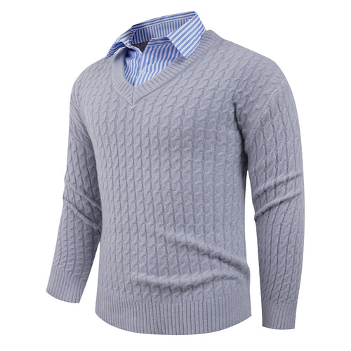 Men's knitted sweater with cable knit pattern and V-neck Lune London