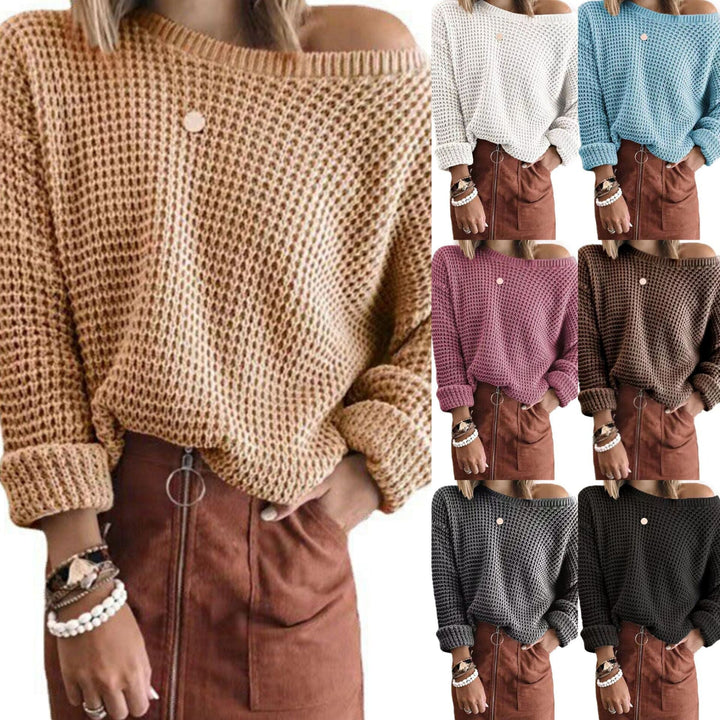 Oversized casual style knitted sweater for women with an off-shoulder design.