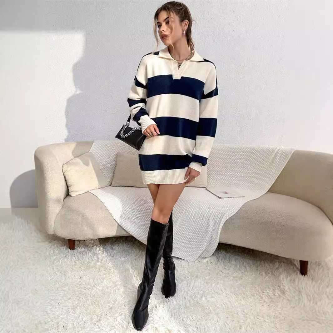 Sweater dress for women with modern striped pattern and detail-rich button placket Lune London