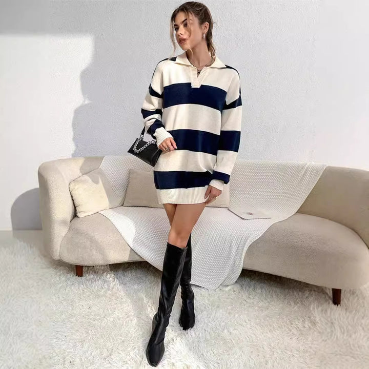 Sweater dress for women with modern striped pattern and detail-rich button placket Lune London