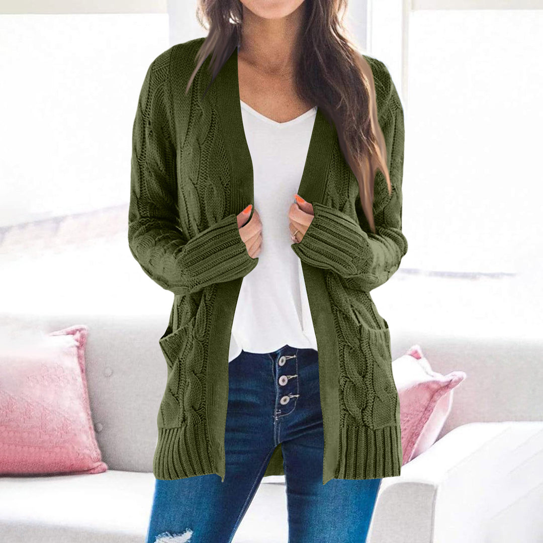Thick knit jacket for women with modern cable patterns and practical pockets Lune London