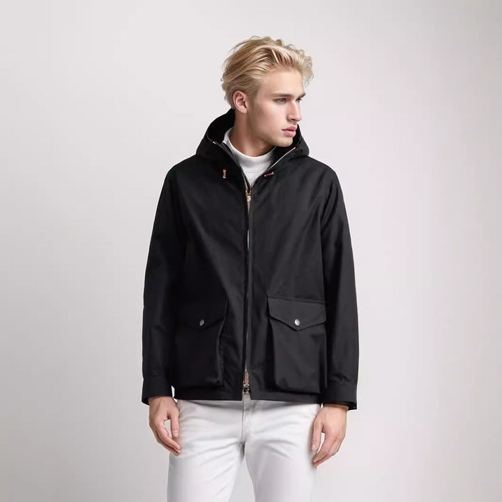 Transitional jacket for men with practical pockets and adjustable hood collar Lune London