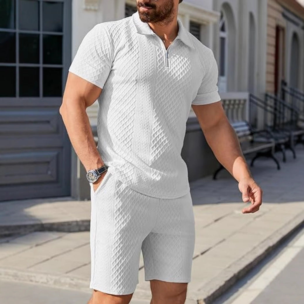 Trendy short polo shirt for men with imbued structure design and matching shorts Lune London