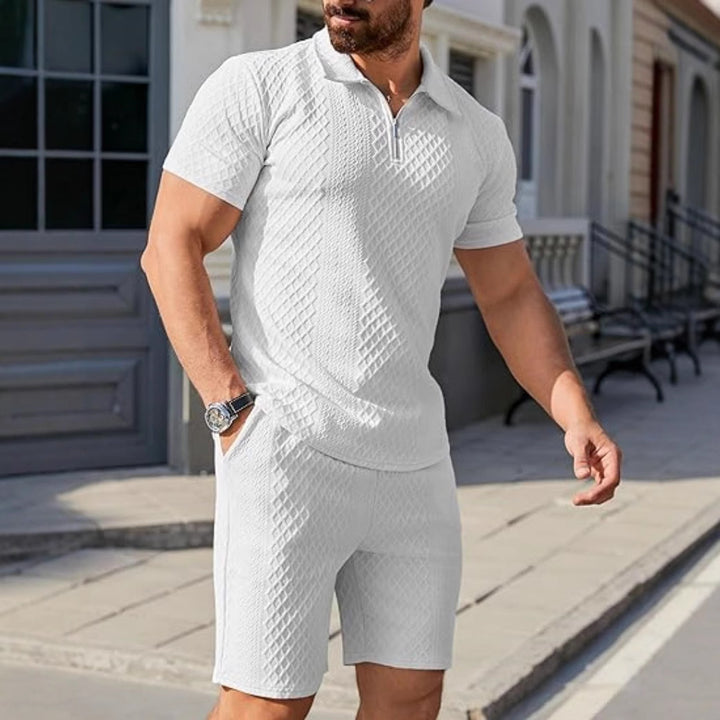 Trendy short polo shirt for men with imbued structure design and matching shorts Lune London