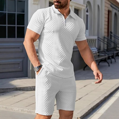 Trendy short polo shirt for men with imbued structure design and matching shorts Lune London