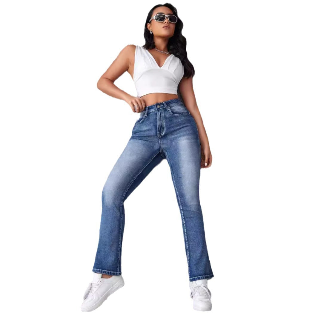 Women High-Waist Stretch Jeans with Cut Hem Lune London