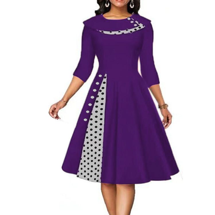 Elegant Woman Midi-Dress with Polka Dots and Chic Side Contrast Detail