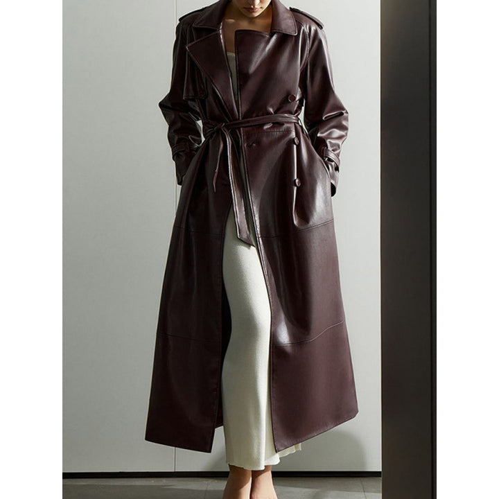 Lune London women's faux leather trench coat with belt and practical pockets