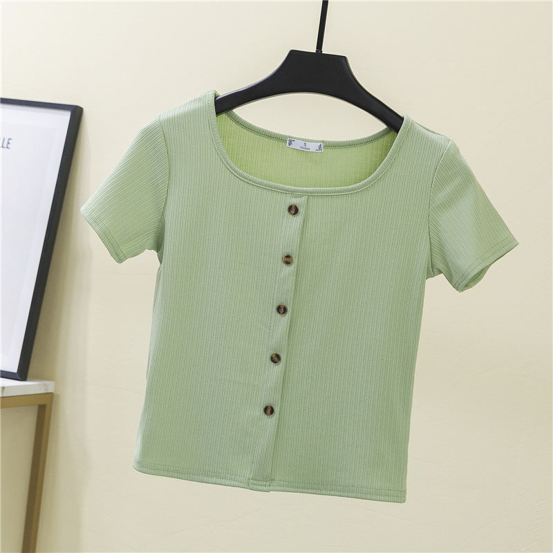 Women's short-sleeve shirt with decorative button placket and modern ribbed knit Lune London