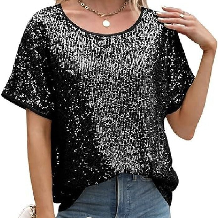 Women Glamorous Sequin Top with Wide Sleeves and Loose Fit Lune London
