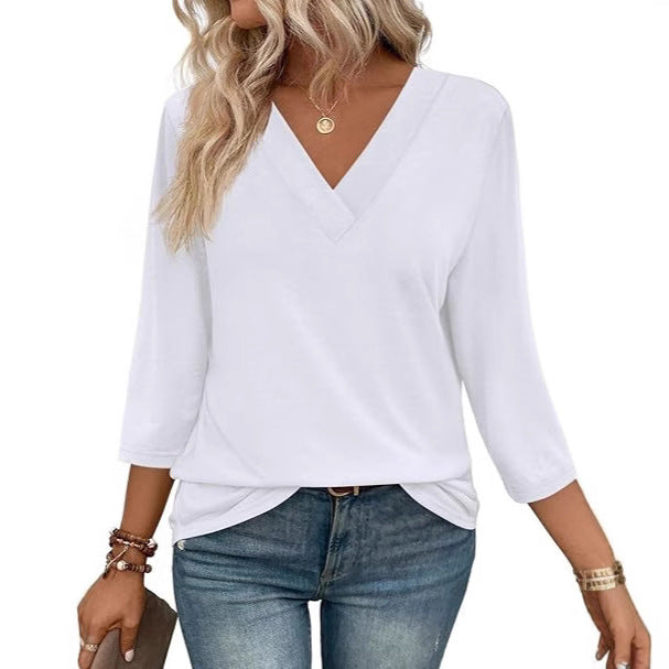 Women's V-Neck Top with Three-Quarter Sleeves and Side Slits Lune London