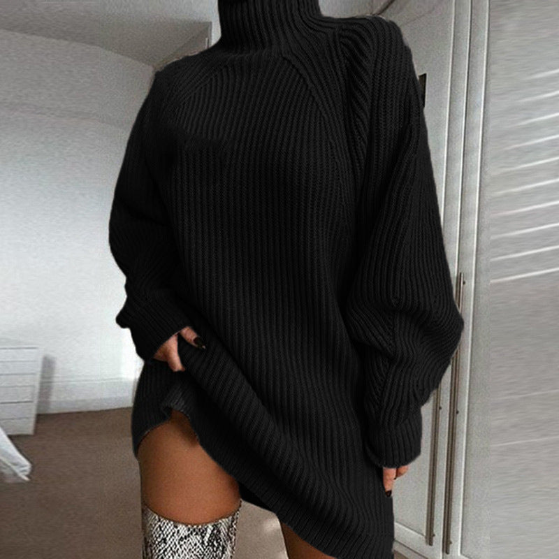 Chunky knit sweater for women with high turtleneck and side slit Lune Londonl