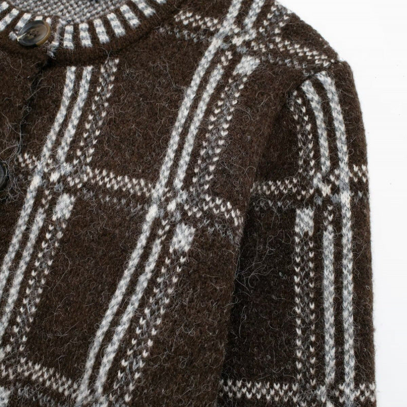 Knitted jacket for women with a modern check pattern and button closure Lune London