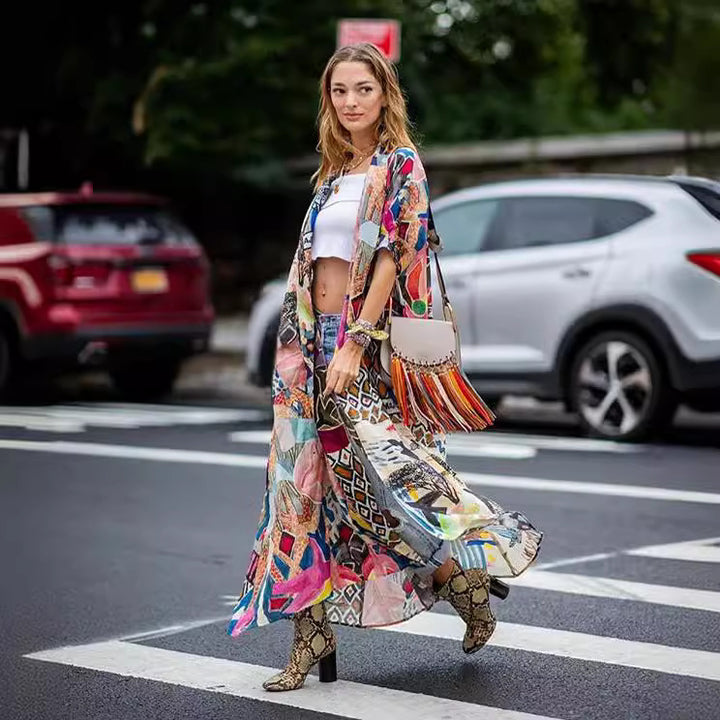 Women Colorful Printed Chic Duster Cardigan