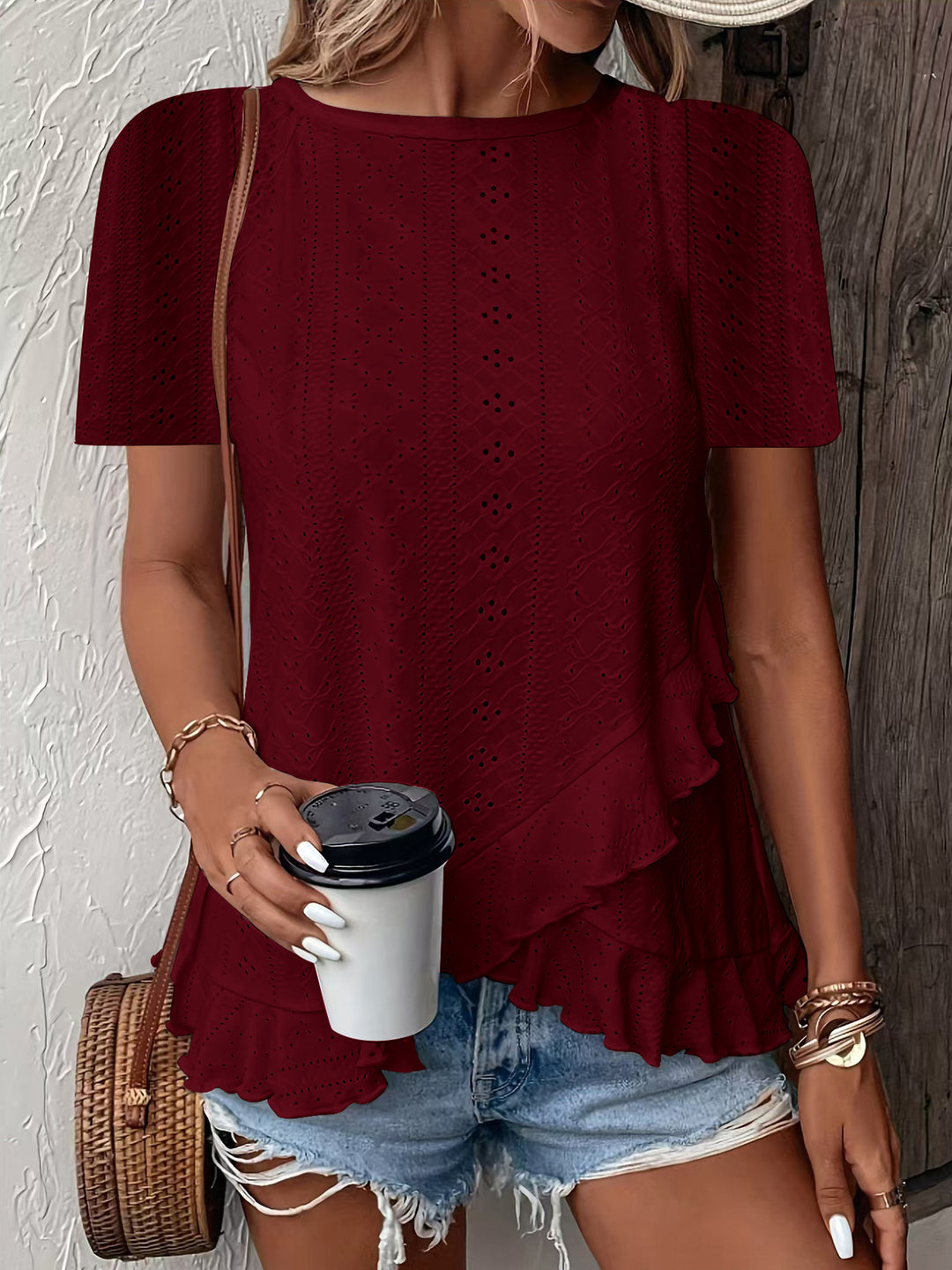 Blouse for women with ruffle details and a floral insert Lune London