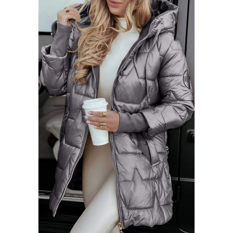 Ladies Longline down jacket with removable hood lining and side zip pockets Lune London