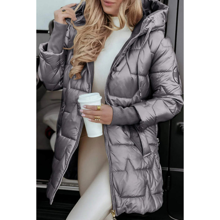 Ladies Longline down jacket with removable hood lining and side zip pockets Lune London